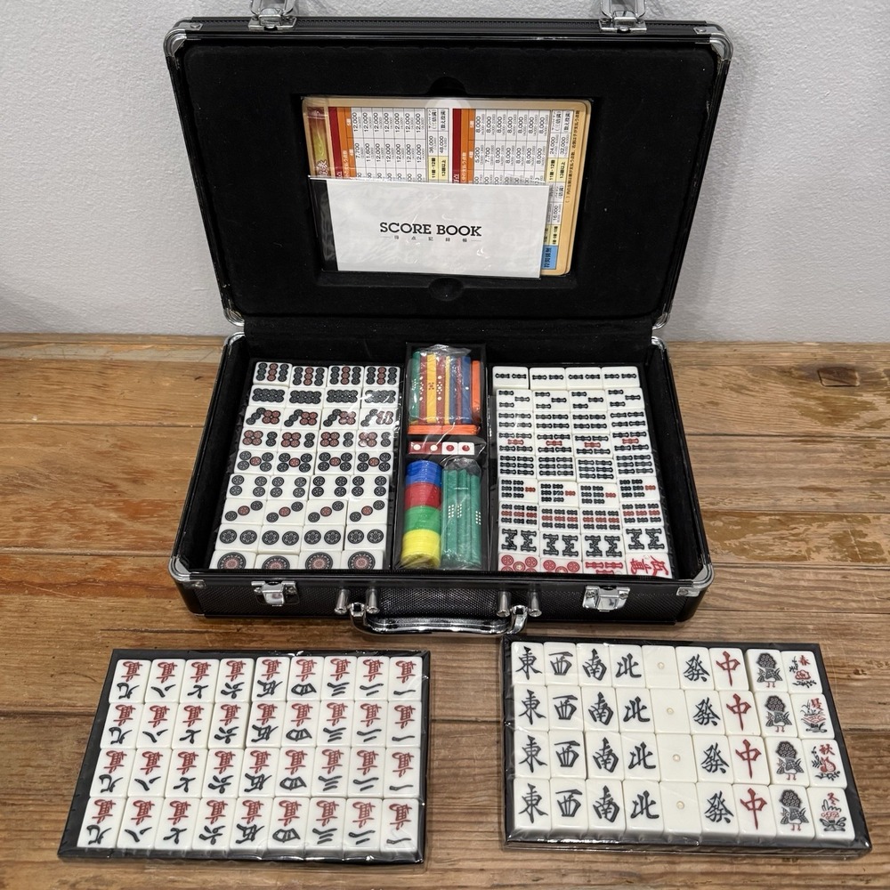 Japanese Riichi Mahjong Set OS Black New Complete Resin Tiles Case Score Book